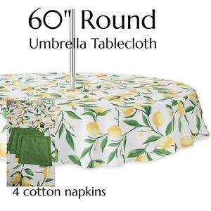Lemon Print 60" Round Umbrella Tablecloth with Zipper Green Cotton Napkins Set/4